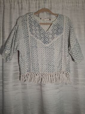 Chelsea & Violet Cream Tunic with Blue Embroidered Pattern & Fringe XS